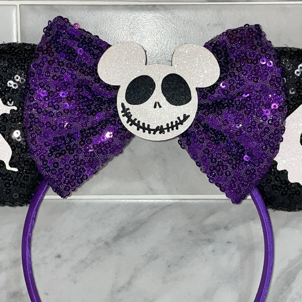 Mickey as Jack Skellington Minnie Mouse Sequin Ears Bow Headband Ghosts NBC NEW